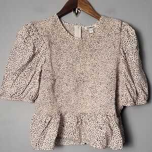 Express Cream Peplum Linen Blend Puff Sleeves Peter Pan Collar Cropped Top
